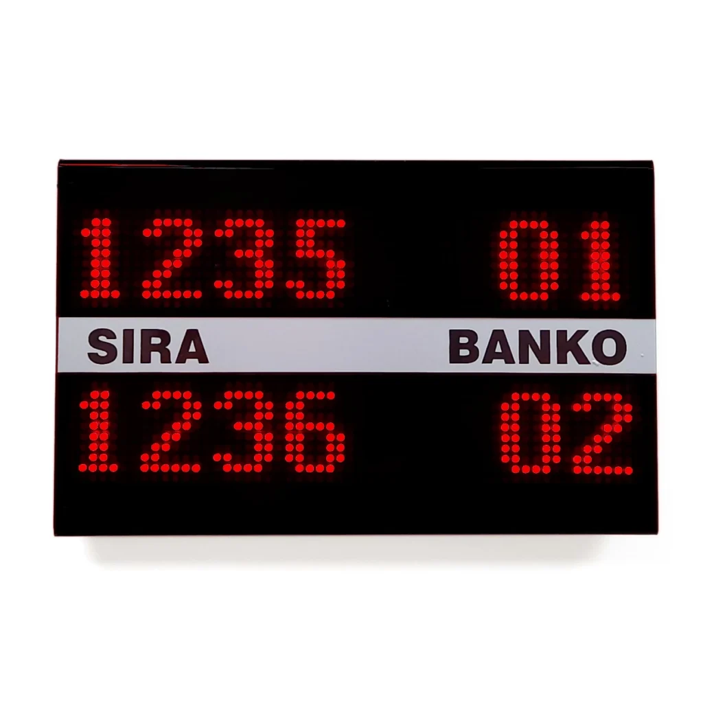 Two-line LED queue display showing ticket numbers 1235 and 1236 with counter assignments