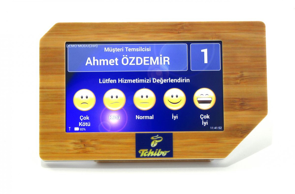 Customer feedback touchscreen terminal showing satisfaction rating emojis