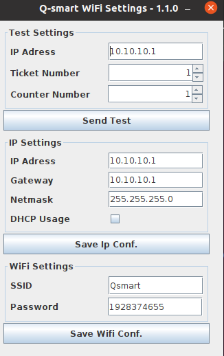 Q-smart WiFi configuration panel showing IP, gateway, and WiFi settings interface